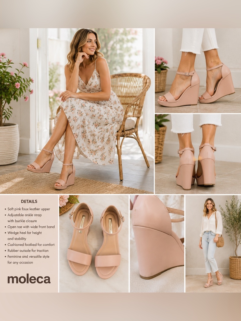 Moleca Blush Pink Wedge Sandals Ankle Strap Open Toe Size 6